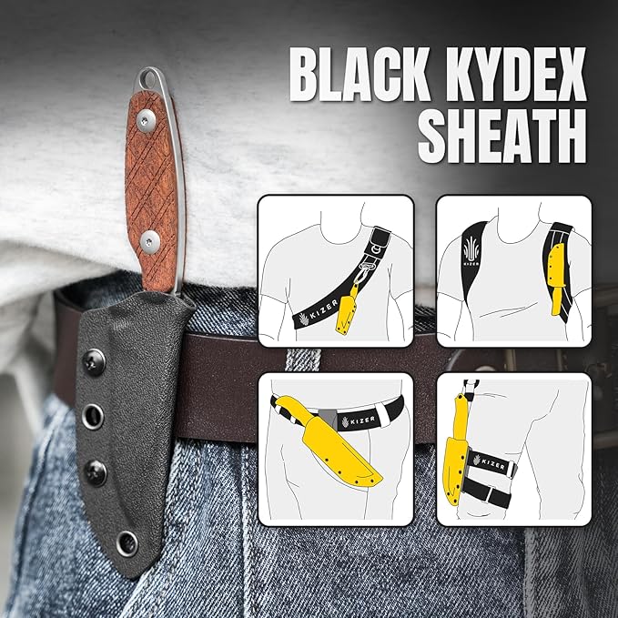 Kizer Muskrat Fixed Blade Knife, 3.15 In S35VN Neck Knife Mkuruti Wood Handle Fixed Blade EDC Knives for Men Women, Outdoor Hunting Hiking Survival Camping Knives with Sheath, 1064A2