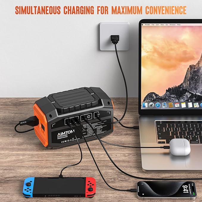 AIMTOM Portable Power Station 173Wh Lithium Battery, 200W AC Outlet (250W Surge), 18W USB-C, 2x USB-A, 2x 12V DC Outputs, LED Flashlight ??Ideal for Camping, Travel, Emergency Backup, RV, Home Use