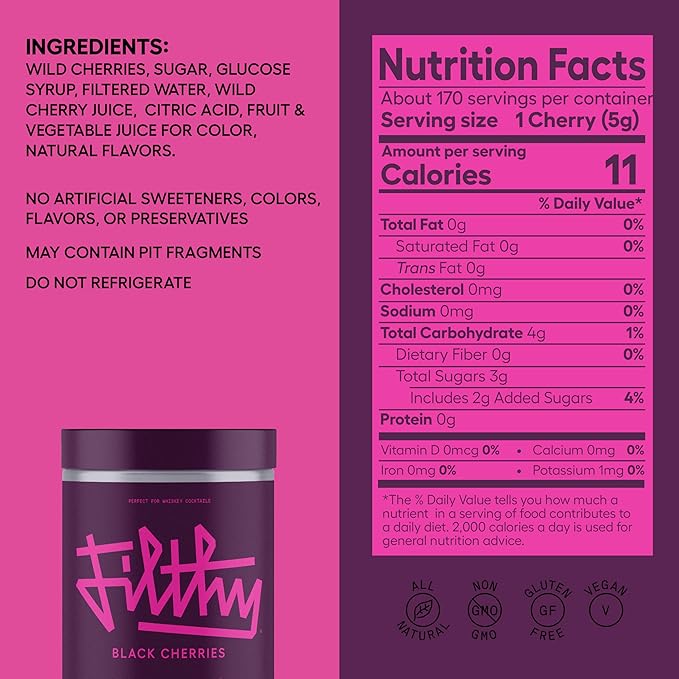 Filthy Cocktail Amarena Black Cherries, Premium Cocktail Garnish, All Natural Wild Italian Amarena Black Cherry, Non-GMO, Gluten Free, Vegan, Slow-Cooked, 45 Oz Tin, 170 Cherries