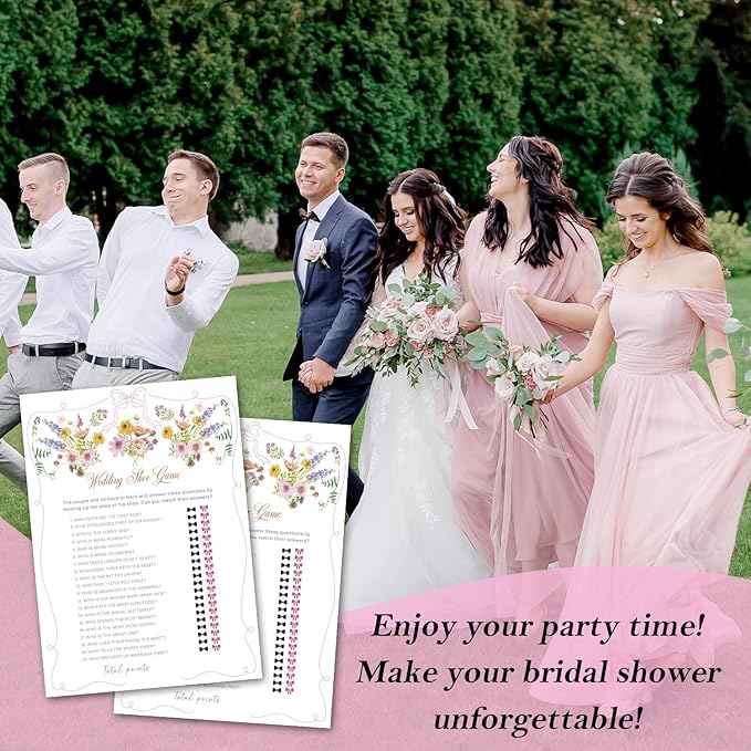 Wedding Shoe Game Bridal Shower Games, Wildflowers Pink Bow Games Card for Wedding Reception, Bridal Shower, Engagement, Bachelorette Party Activity Decorations (25 Pack) -A06