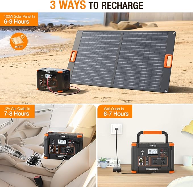 519Wh Outdoor Solar Generator with 100W Portable Solar Panel 20V, Portable Power Station 500W(Peak 1000W) Backup Battery Pack Solar Kit for RV/Van Camping Fishing Climbing Road Trip Home Emergency