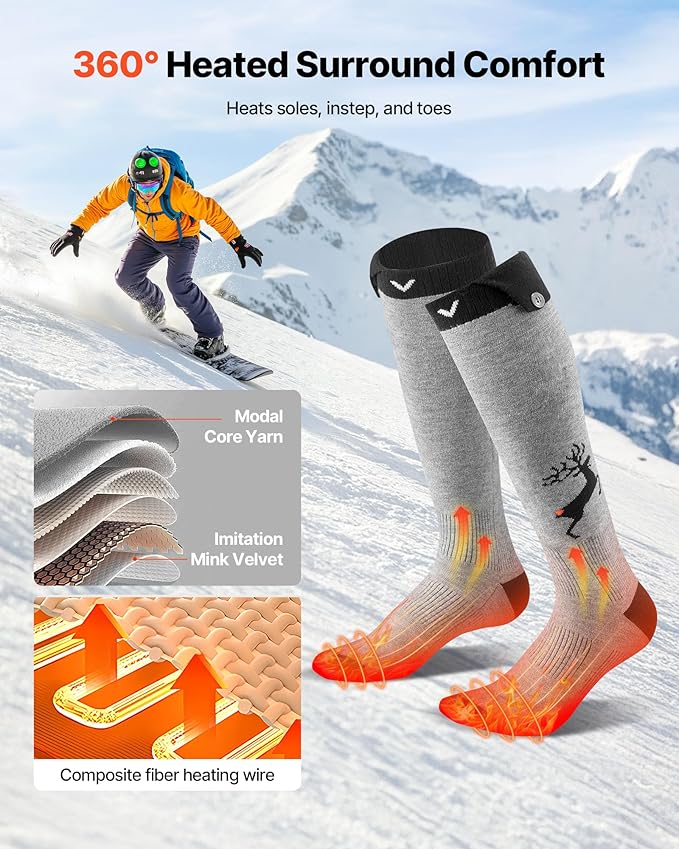 VEVOR Heated Socks, 6000mAh Battery Powered, Rechargeable Heating Socks with 4 Heating Levels, Electric Heated Sock with APP Control for Men Women, Foot Warmer for Hunting Riding Camping Hiking