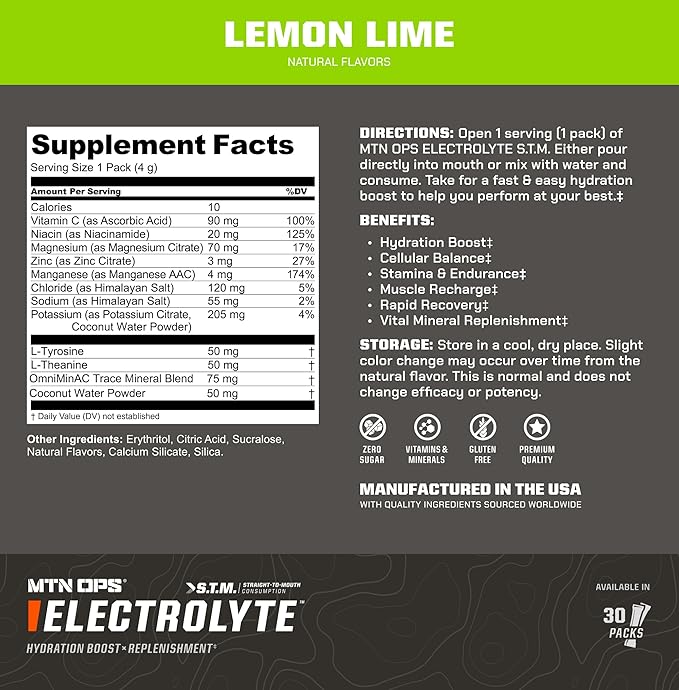 MTN OPS Electrolytes Powder Packets, Sugar Free Hydration Packets, Gluten-Free Hydration Powder, Electrolyte Packets STM ?œStraight to Mouth??- Variety Pack of 3 Flavors, 30 Packs