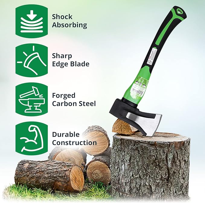 WilFiks Splitting Axe, 15??Camping Hatchet for Chopping and Kindling Wood and Branches, Forged Carbon Steel Hand Maul Tool for Gardening, Fiberglass Shock Reduction Handle with Anti-Slip Grip