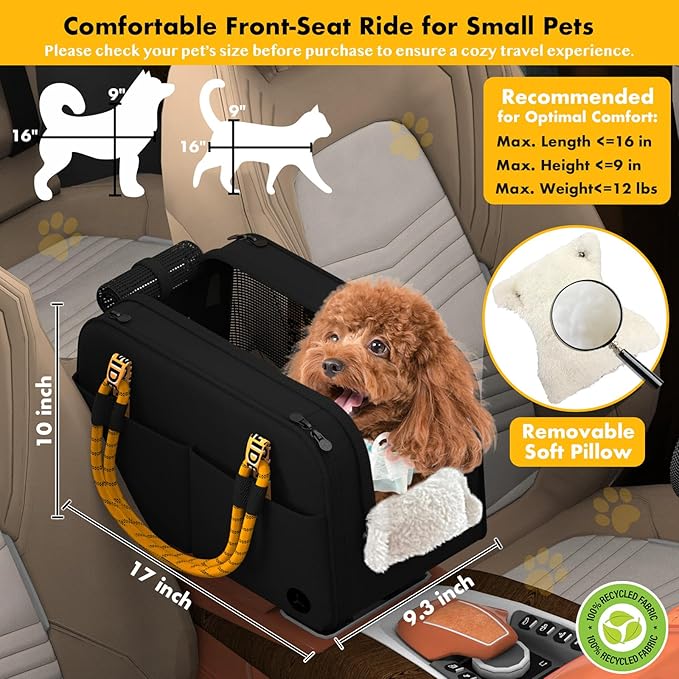 PAWZIDEA Center Console Dog Car Seat, Enclosed Secure Armrest Booster Seat for Small Dogs & Cats up 12lbs, Soft-Sided Travel Pet Carrier Safety Straps, Removable Pillow, Storage Pocket, Shoulder Strap