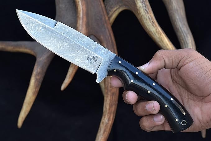 Knives Ranch Handmade 10" Camping & Bushcraft Knife - Damascus Steel - Excellent Edge Retention - Burlap Micarta Handle - Genuine Leather Sheath (2073-M)