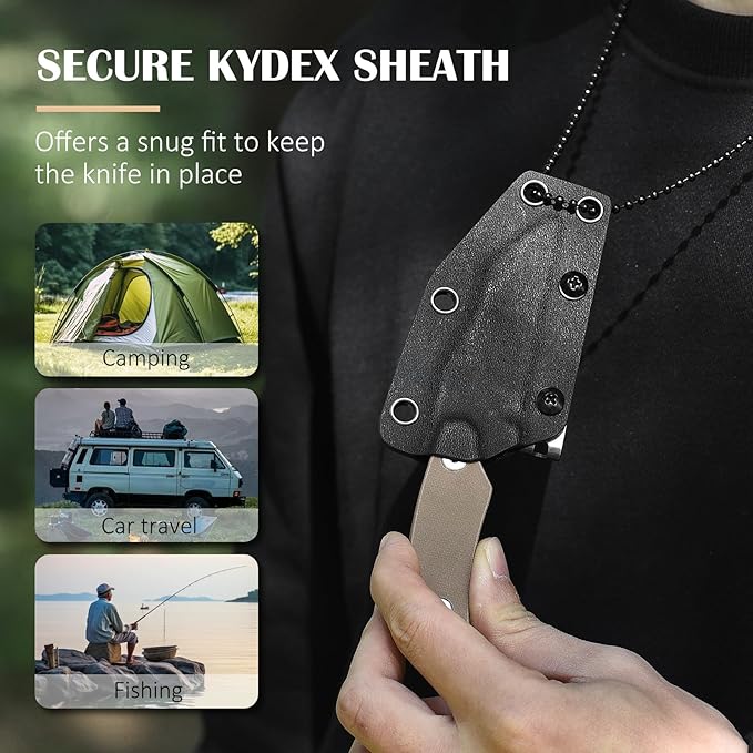 5.78" X-WH Neck Knife with Kydex Sheath, D2 Steel Stonewashed Wharncliffe Blade, EDC Horizontal Carry Neck Knife with G10 Handle, Lightweight Knife for Men