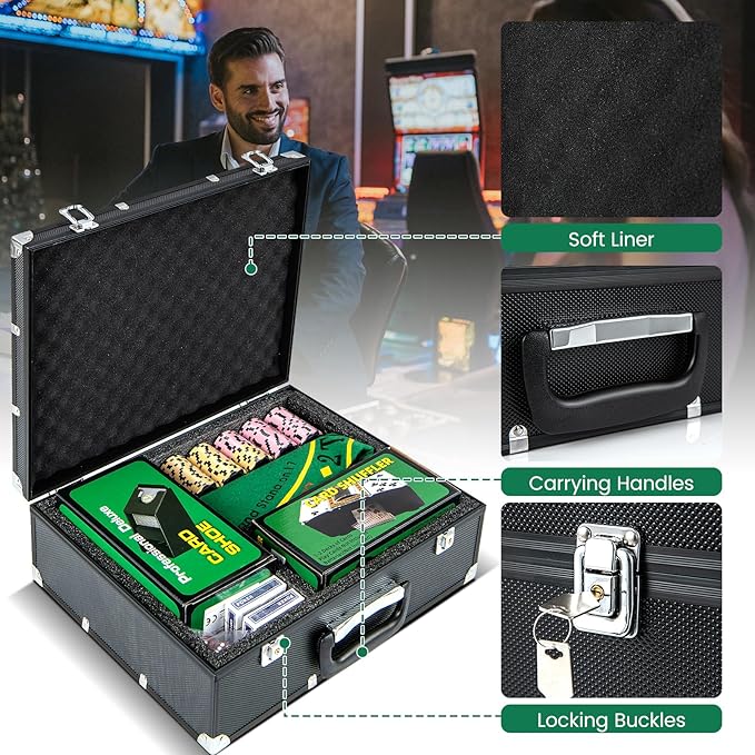 Goplus Poker Chip Set, 300 PCS 14 Gram Clay Poker Chips w/Case, Automatic Card Shuffler, 2 Decks Cards, 5 Dices, Card Shoe, 3 Dealer Buttons, Poker Felt, Texas Holdem, Blackjack, Casino (300 PCS)