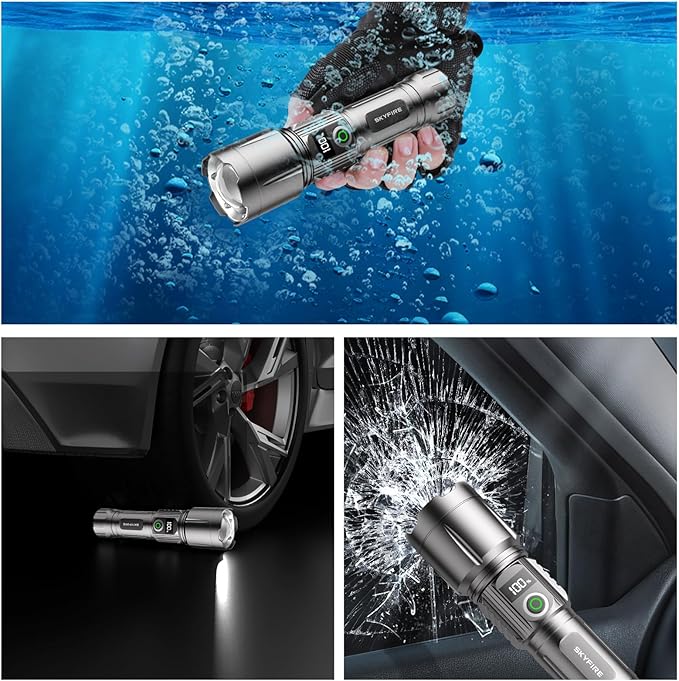 SKYFIRE Rechargeable Flashlights High Lumens with Ignition Lens,3000lm Super Bright Flashlight Zoomable 4 Modes Waterproof Powerful Tactical Torch Flash Light for Camping Essentials,Outdoor,Home&Gifts