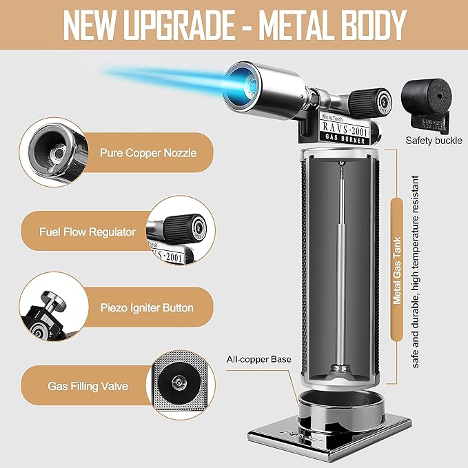 RAVS Refillable Butane Torch, Professional Kitchen Torch Lighter for Creme Brulee, Cooking Torch Gun with Adjustment Flame for Men, Blow Torch for Cooking - No Butane Fuel, Unique Gifts for Dad