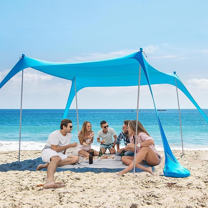 AMMSUN Beach Tent Portable Sun Shelter,9X 9ft Beach Canopy Easy Setup, 9'x9'Lycra Sun Shelter with UPF50+ Protection 4 Sand Bags & 4 Aluminum Poles for Family at The Beach, Camping & Outdoor