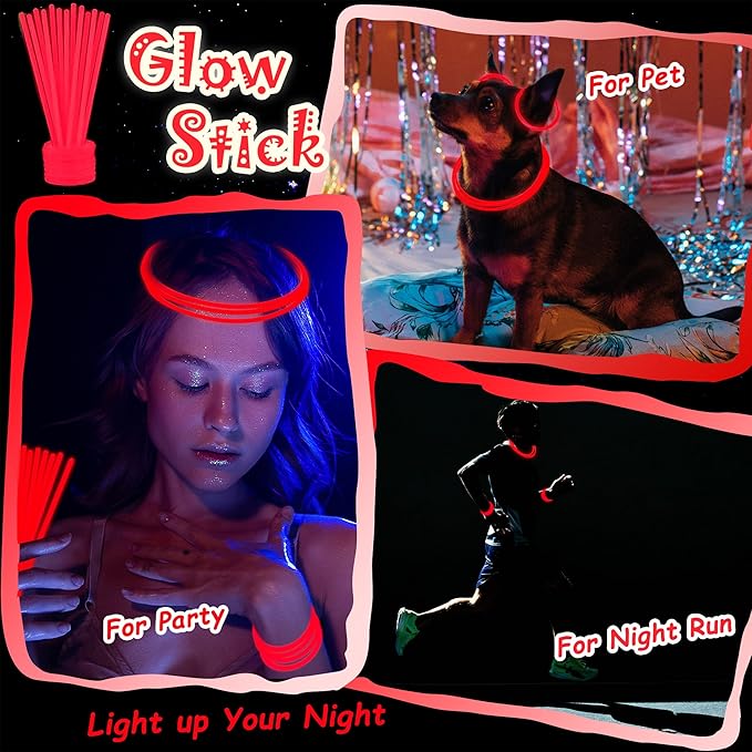 100 pk 8" Glow Sticks Bulk Party Favors, Light up Glow Necklaces & Bracelets in the Dark Party Supplies For Christmas Halloween 4th of July Birthday Neon Party (100 * Red)