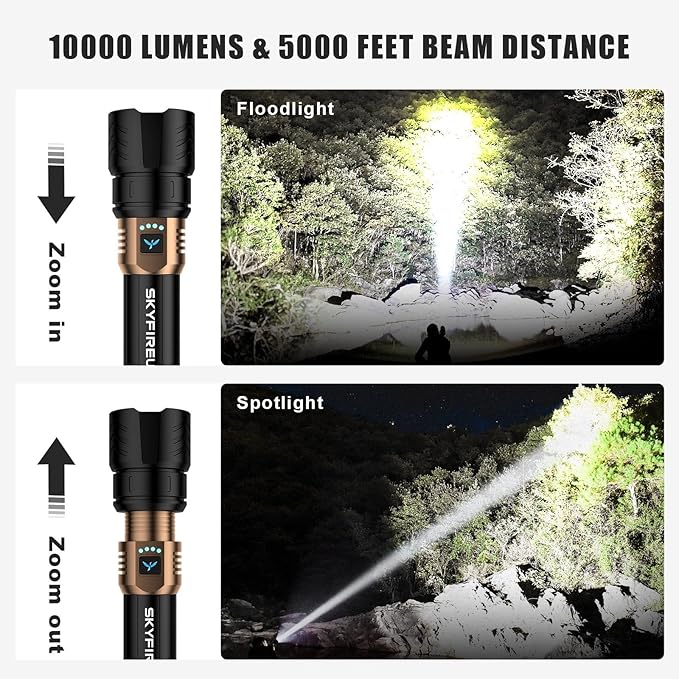 SKYFIRE Rechargeable Flashlight High Lumens,LED Flashlight with 8000mAh,Zoomable,Four Modes,Waterproof Bright Flash Light for Camping Essentials,Outdoor,Home-No Lens