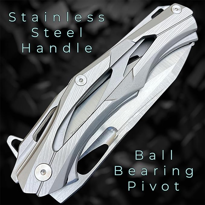 TACTICAL GEARZ Stainless Steel Pocket Knife, Brushed Nickel Stainless Steel Handle, D2 Steel Blade, Includes Sheath (Kronus)