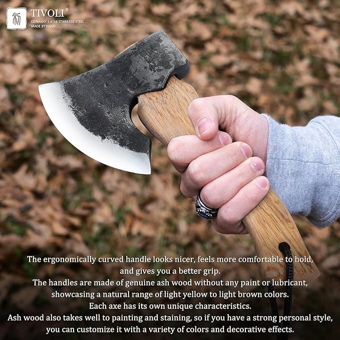 Tivoli 9-inch Small Hatchet Axe for Camping, Small Wood Hatchet Hand Axe, Hand Forged Carbon Steel Short Camp Axe for Chopping Wood, Ash Wood Handle, Retro Sheath
