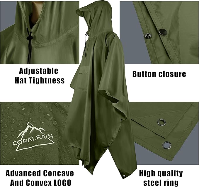 Coralrain Hooded Rain Poncho Lightweight Waterproof Unisex Raincoat Jacket with Pocket for Men Women Adult