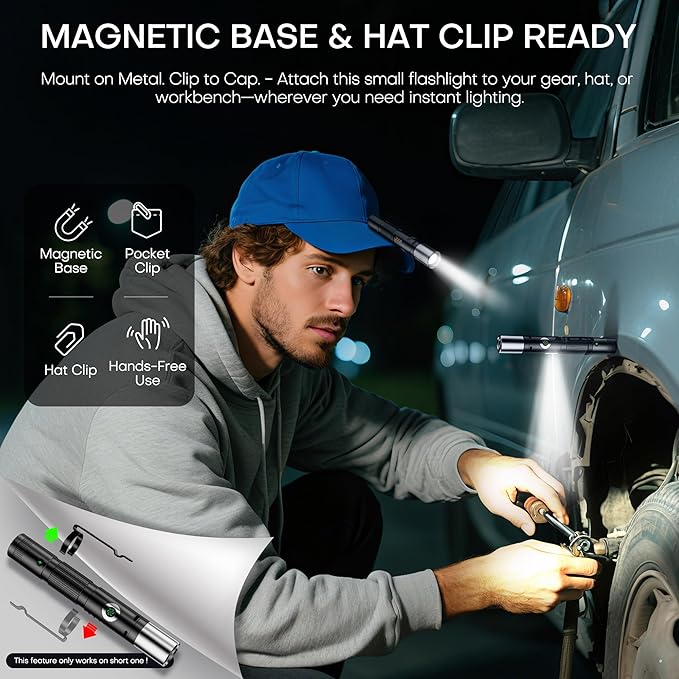 Pen Light Flashlight Rechargeable 600 Lumens,7-Mode Zoomable EDC Led Flashlights with Magnetic Base&Alarm,USB-C Charging Multi-Color Side Small Pocket Work Light with Clip for Working,Home,Emergency