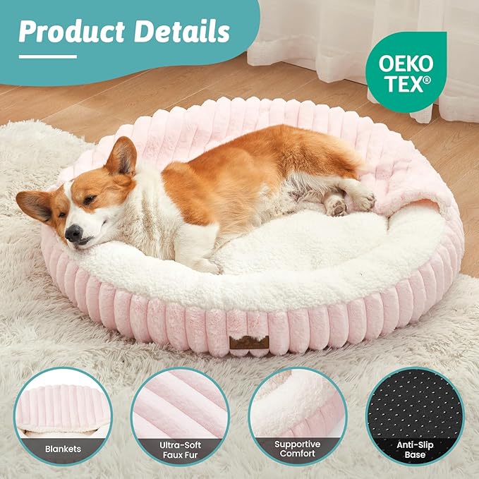 Dog Bed with Hooded Blanket, Round Fluffy Anti-Anxiety Pet Bed for Medium Dogs & Large Dogs, Cozy Donut Cuddler with Machine Washable Faux Fur & Anti-Slip Bottom(35"×35"×7",Pink)