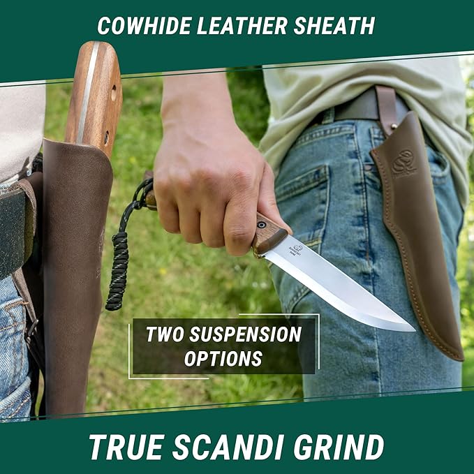 BeaverCraft Bushcraft Knife Full Tang Carbon Steel with Leather Sheath ??Camping Bush Knife Fixed Blade ??Outdoor Bushcraft Knives BSH1 Dune