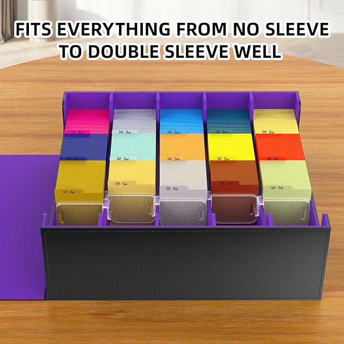AFIING Trading Card Storage Box, MTG Deck Box with 48 Dividers & Supporters, Commander Card Deck Case Fits for Magic Game Cards, YugiOh, TCG, baseball and Sport Cards, Black Purple 3200+