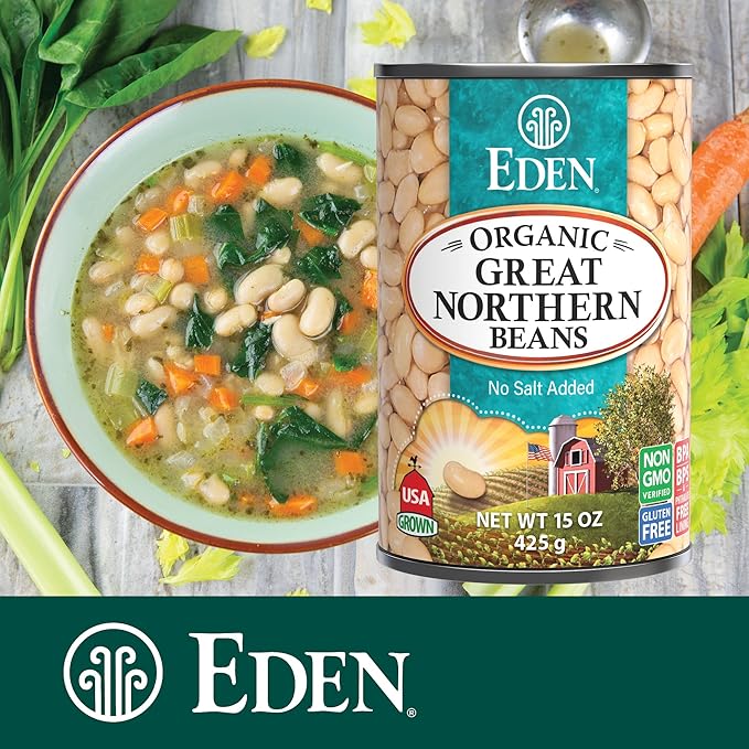 Eden Organic Great Northern Beans (White Beans), 15 oz Can (12-Pack Case), No Salt Added, Non-GMO, Gluten Free, U.S. Grown, Heat and Serve, Macrobiotic, Similar to Cannellini, Smoother