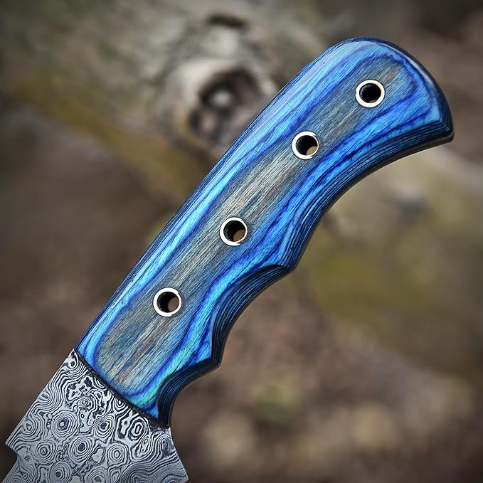 9.5" Handmade Damascus Knife with Leather Sheath | Ultimate Outdoor Ally | Damascus Steel Blade with Blue Micarta Handle | Blue Handle with Sheath Included | Unrivaled Camping Excellence