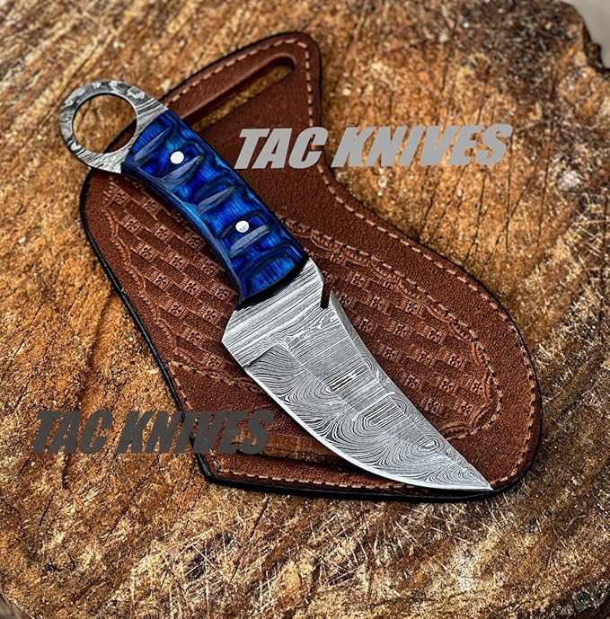 Bushcraft Survival Knife12T27 Damascus Steel Fixed Blade outdoor - Pakka Wood Handle - Pancake Leather Sheath - Traditional Field for Camping , Fishing, Hunting Knife, Men & Women - EDC Knife to Carry on Belt- (BLUE)