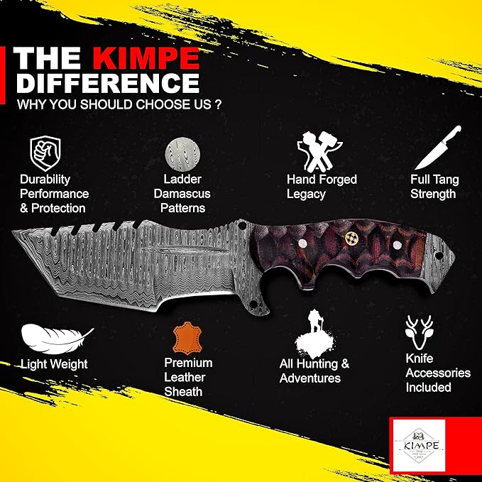KIMPE 10.5?™â€?Damascus Hunting Knife with Leather Sheath-Fixed Blade EDC Knife-Bushcraft Knives-Wood Handle-Best Camping & Survival Knives-Knives for Men. (Micarta Red & Black)