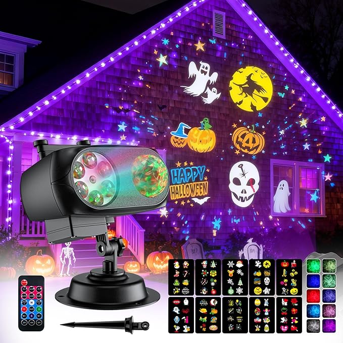 Halloween LED Projection Lights, Halloween Projector Lights Outdoor Decoration, 3D Ocean Wave Landscape Light with 10 Slides for Halloweens Xmas Holiday Party Yard Garden Lawn Decoration