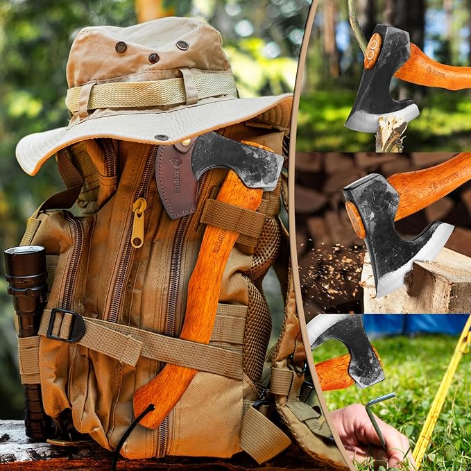 NEDFOSS Camping Hatchet Axe, Wooden Handle Bushcraft Axe with Sheath, Viking Axe with Steel Wedge, Hand Forged Hatchets for Camping and Survival, Gift for Men??(MMA-16)