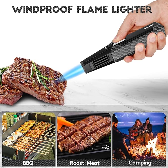 Butane Torch, Outdoor Windproof Cooking Torch Lighter, Refillable Adjustable Jet Flame Kitchen Butane Lighter with Safety and Fire Lock, Gift Box Package (Gas Not Included) (Black)