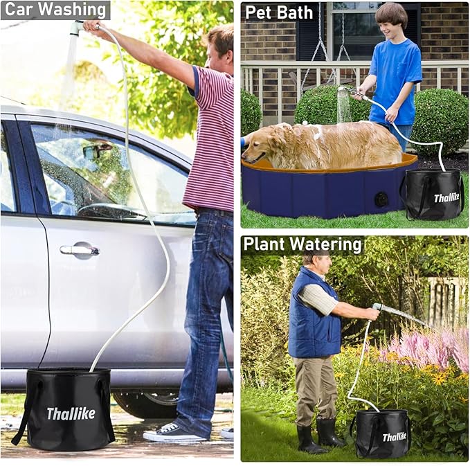 Portable Hot Shower for Camping Shower Tent Kit, 1000W Immersion Heater, Rechargeable Camping Shower Pump, Pop Up Shower Tent with 6.6 Gallons Folding Bucket for Adults Outdoor