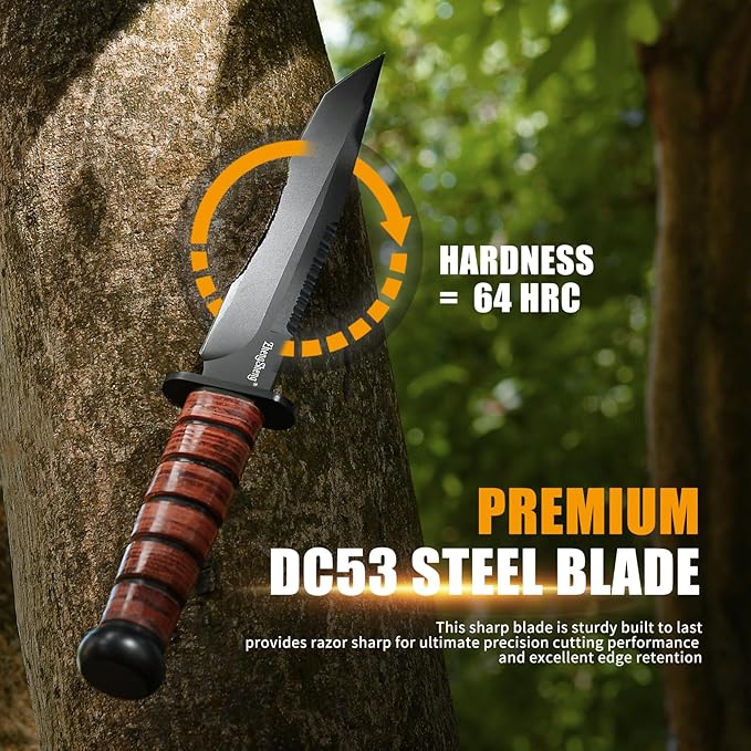 Fixed Blade Knife, 8.0??Black Titanium PVD Coating DC53 Steel Blade Hunting Knives with Leather Sheath, Ergonomic Handle Bushcraft Bowie Knife for Camping, Hiking