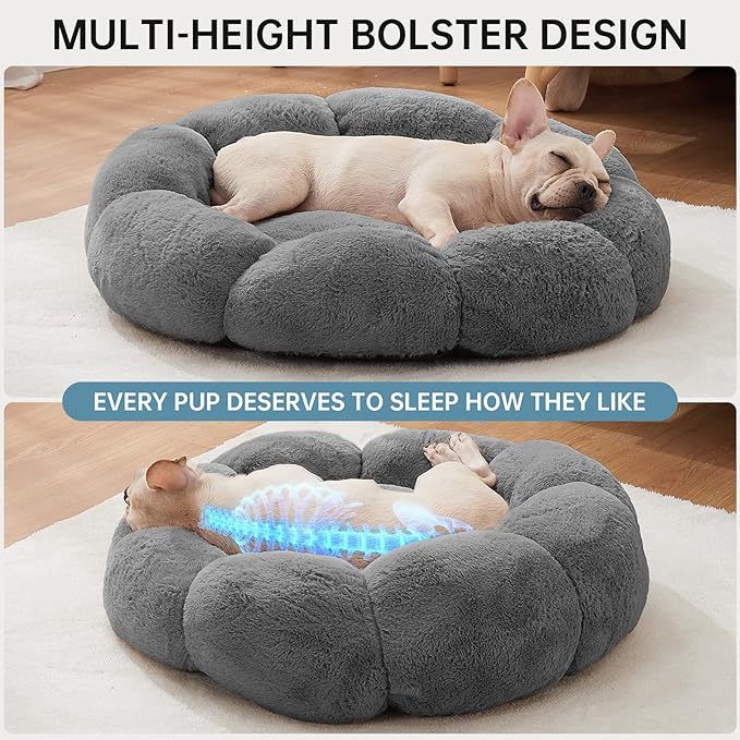OhGeni 31 inches Calming Donut Orthopedic Dog & Cat Bed for Medium Pets, Warming Comfort Fluffy Short Pile Fur, Durable Waterproof Machine Washable Removable Cover, Round Bed for Puppy, Dark Gray