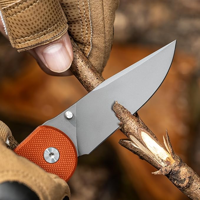 Button Lock Pocket Knife with 2.85 inch VG10 Steel Blade G10 Handle, Folding Knife for EDC, Orange