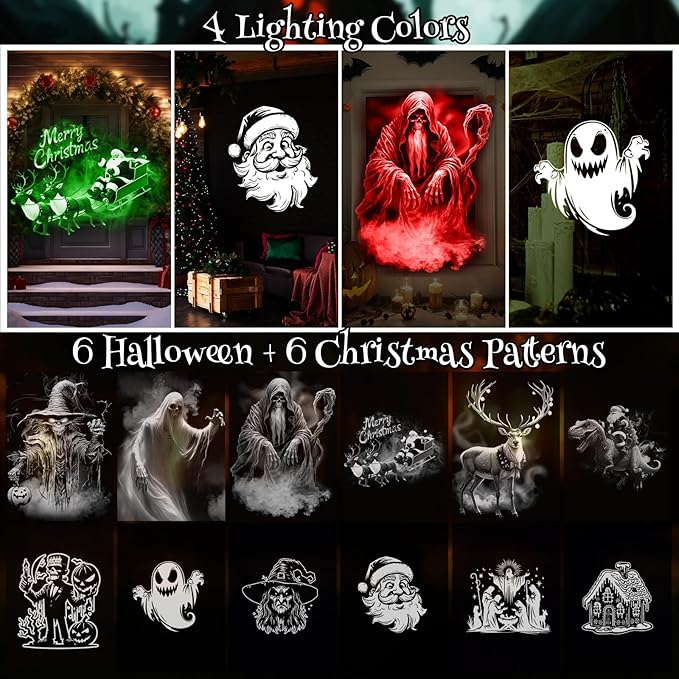 12 in 1 Halloween Projector Outdoor Decorations Christmas Projector Lights HD Patterns, 3D Effect, 4 Colors with Remote Waterproof for Window Wall Indoor Holiday Supplies