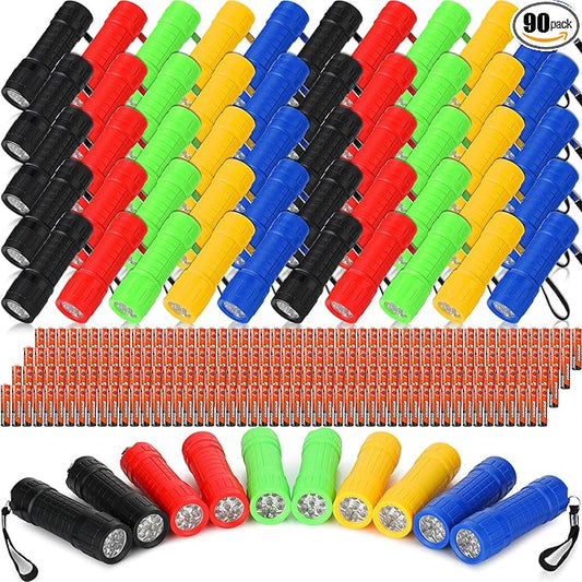 90 Pcs Mini Flashlight 9 LED Handheld Torch Bulk Kids Flashlight Plastic Handheld Flashlights with Lanyard Camping Necessities for Home School Night Emergency, 270 Pcs AAA Batteries Included