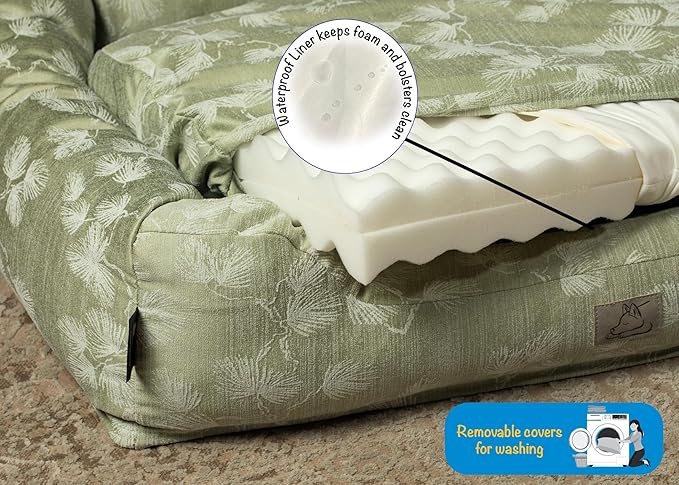 Furry's Paradise Foam Cuddler Waterproof Bolster Pet Bed with Reversible Cushion, Recycled Fibers and Non-Slip Bottom. (Blown Dandelions, Orthopedic Large)