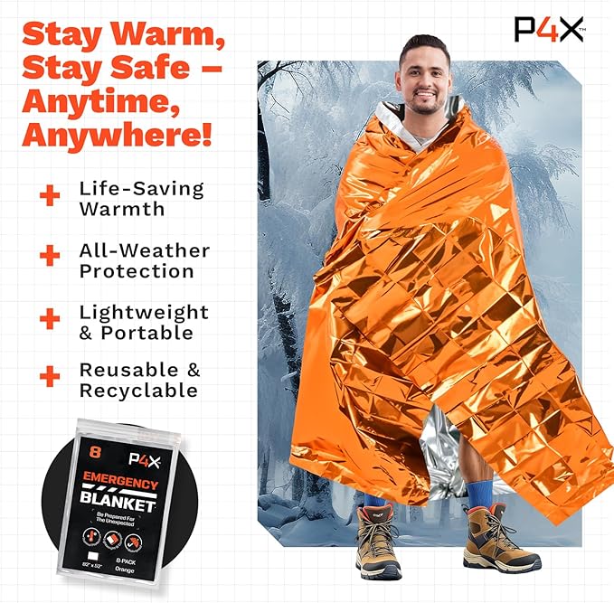 PREPARED4X Mylar Blankets 8 Pack - Waterproof Emergency Blanket - Rip and Tear Resistant Survivalist Gear - Emergency Thermal Blanket for Outdoor Survival
