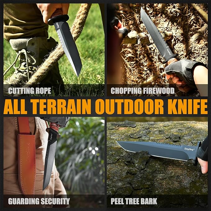 Fixed Blade Knife, 8.0??Black Titanium PVD Coating DC53 Steel Blade Hunting Knives with Leather Sheath, Ergonomic Handle Bushcraft Bowie Knife for Camping, Hiking