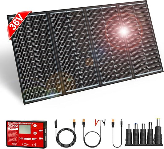 DOKIO 300W 36V Portable Folding Solar Panel Kit for 24V Batteries & Power Stations Lightweight Charger for AGM, LiFePO4, Deep Cycle ??RV, Trailer, Truck, Boat, Camping, Van, Emergency