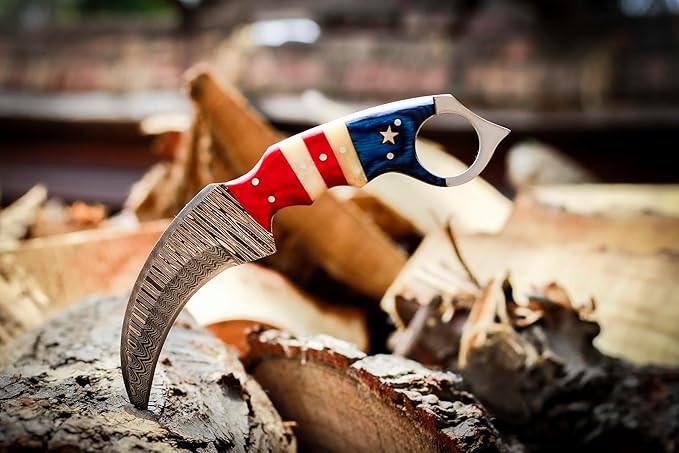 Custom Handmade Damascus Steel Hunting Knife with Sheath | 7.5'??EDC Fixed Blade Hunting Skinning Knives For Men and Women Demasticus Camping Survival Belt Knifes For Horizontal Carry with American Flag Handle