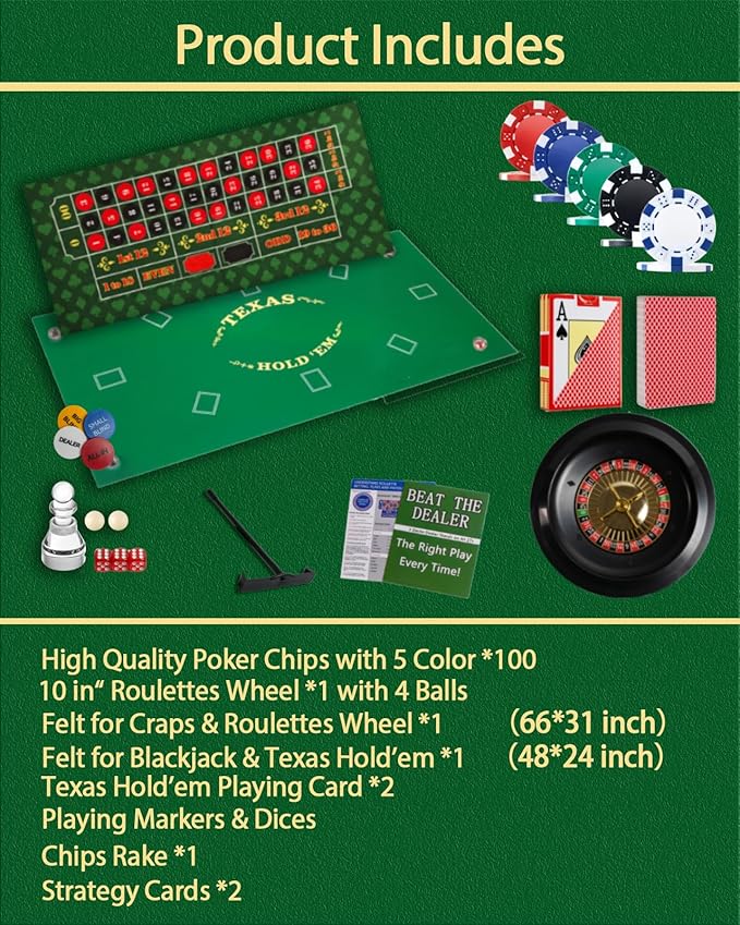 5 in 1 Casino Game Pro Set: 100 Pro Poker Chip, Blackjack+Roulette Wheel+Craps+Texas Holdem+Poker Gaming Kit with Table Game Mat+Playing Card+Dice+Casino Accessory for Party