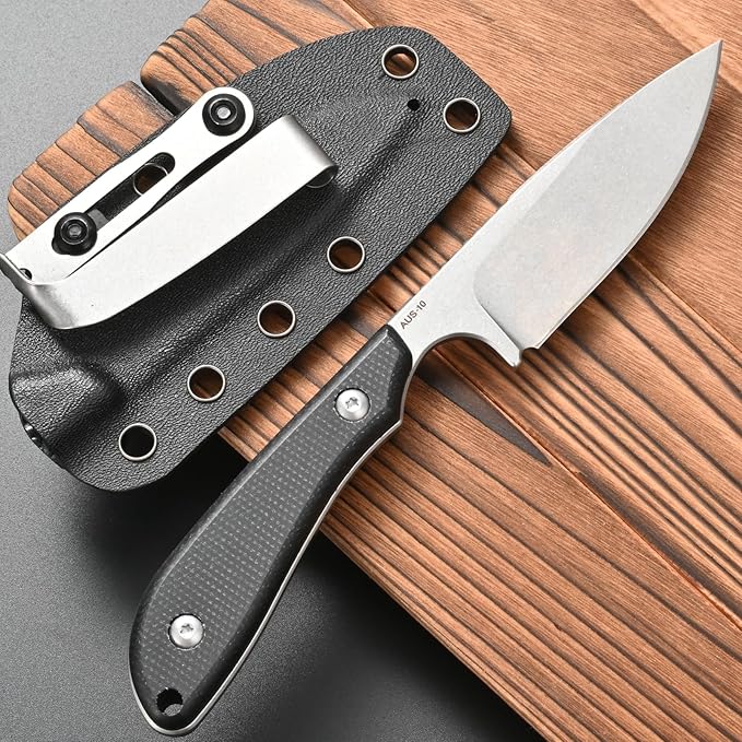 FF101 Micarta Handle Fixed Blade Knife, AUS-10 Steel Blade Full Tang Knife with Sheath for Outdoor Camping Hunting Fishing Working (Black)