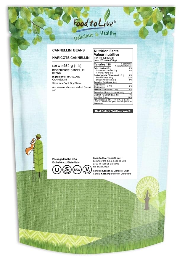 Food to Live - Cannellini Beans, 1 Pound Dried White Kidney Beans, Sproutable, Vegan, Kosher, Sirtfood, Bulk. Rich in Fiber, Protein. Great for Minestrone Soup, Bean Salad, Stews, White Chili.