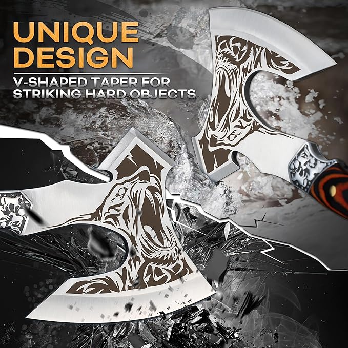 TIVOLI Camping Axe, Tiger - Patterned Survival Hatchet with Nylon Sheath, High Carbon Steel Blade Compact Outdoor Bushcraft Axe with Ergonomic Wood Grip, Camping Gear for Hiking, Chopping, Hunting