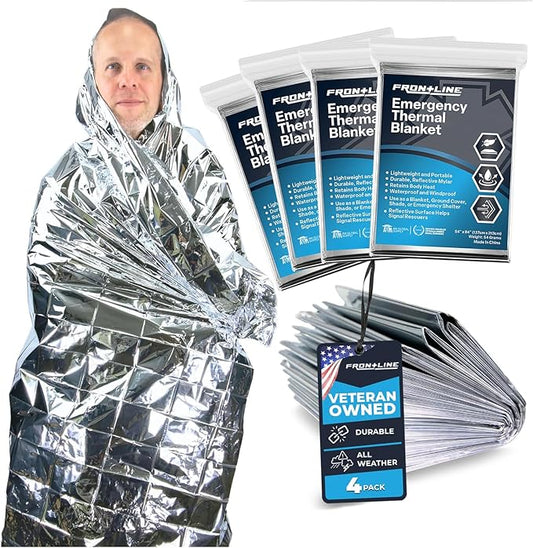 FRONTLINE Mylar Emergency Blankets 54" x 84" | Lightweight Thermal Survival Space Blanket, Waterproof & Windproof Foil Blanket for Camping, Hiking, First Aid & Disaster Preparedness (4)