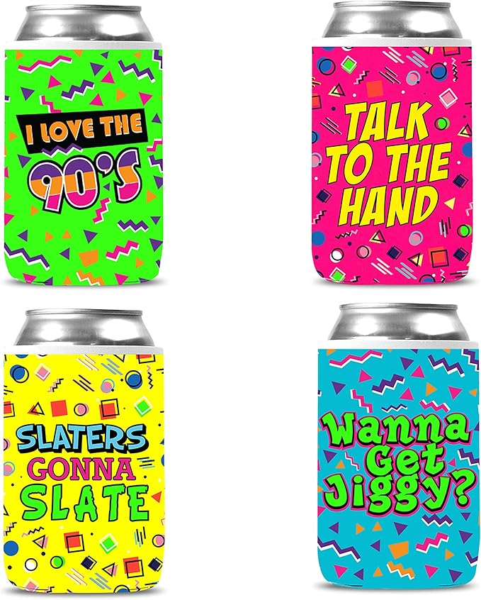 Throwback 90's Can Coolies (4 PACK) - Funny 1990's Theme Party Decoration, Favors & Supplies