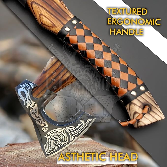 SHINY CRAFTS®- Handmade Viking Axe – Unique Gift for Him Engraved Carbon Steel Hatchet with Leather Sheath for Dad, Husband, Outdoorsman (SCA-03)