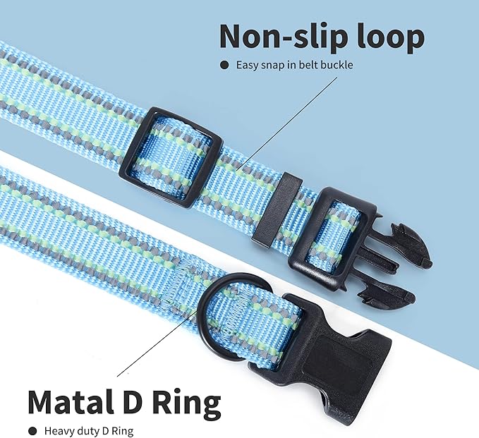 Mile High Life Reflective Dog Collar, Basic Dog Collars Adjustable Quick Release, Soft Nylon Pet Collar with Metal D-Ring for Small Medium Large Dogs (Blue, M Neck13-17")